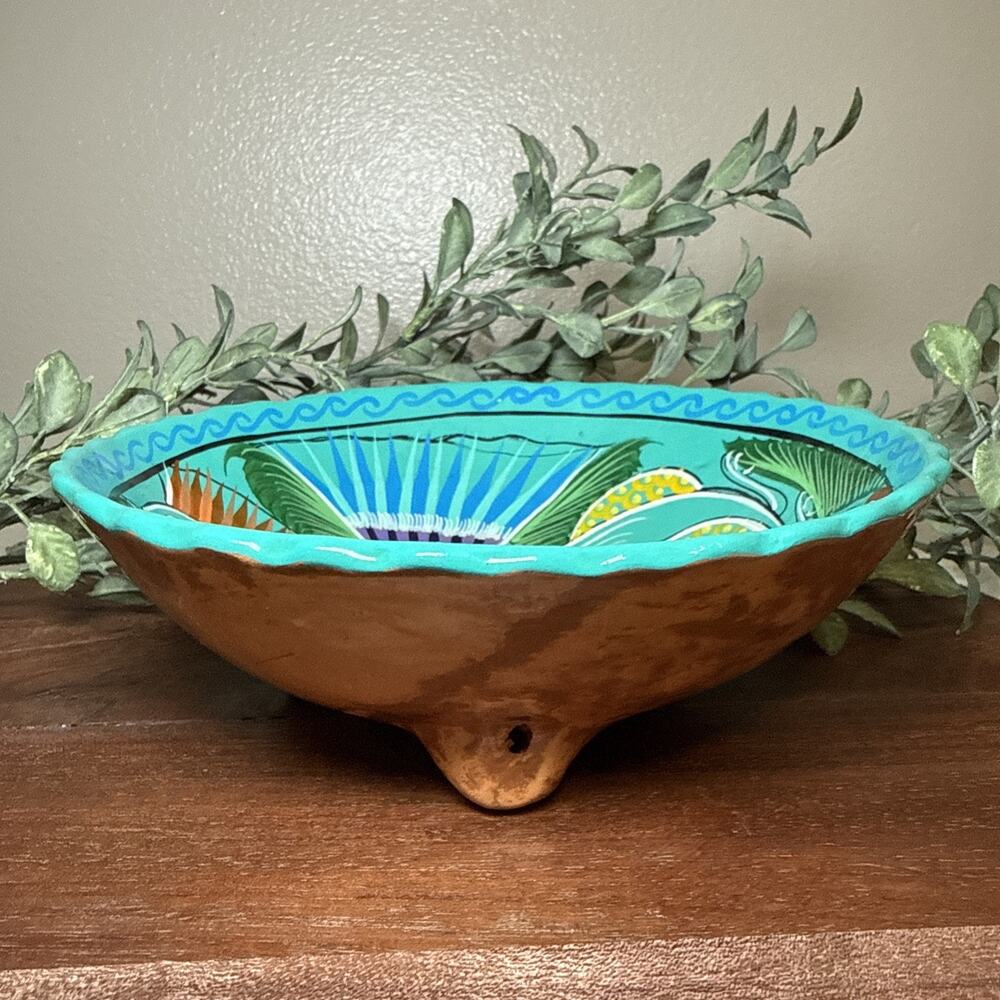 Hand Painted Mexican Folk Art Pottery Footed Bowl Bird Floral Terracotta 6.75” - Picture 3 of 12